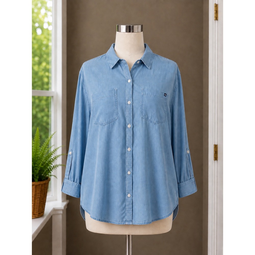 Crown & Ivy Womens 1X Blue Tencel Lyocell Button Down Shirt Long Sleeve Roll Tab